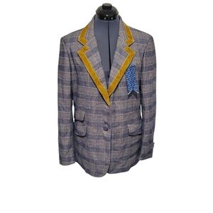 The Gigi Italia Men's Blue Plaid Wool Blazer w/ Mustard Velvet Trimming Size 48